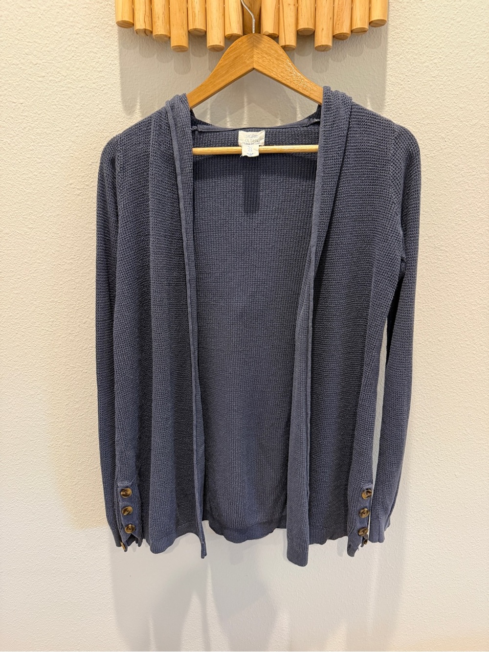 Sigrid Olsen Open-Front Hooded Cardigan in Slate Blue Waffle Texture